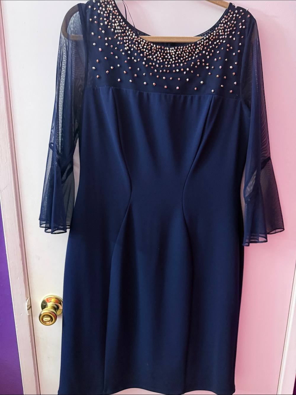 Beaded Navy Long-Sleeve Mesh Cocktail Dress